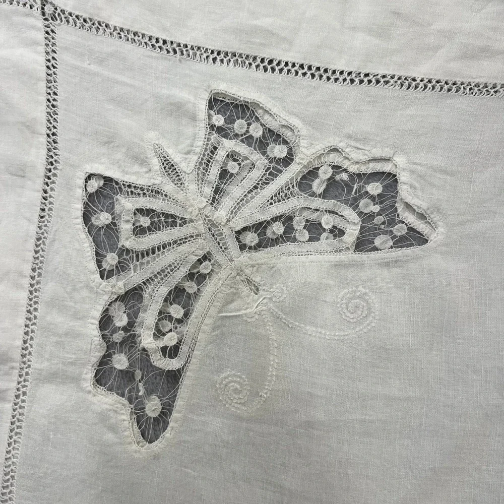 Vintage White Linen Lace Tablecloth Butterfly Embroidered Applique Square 40x40